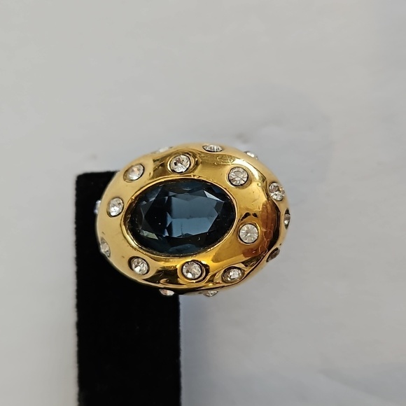 GOLDTONE Blue & Clear Rhinestones Pierced Earrings - Picture 2 of 6